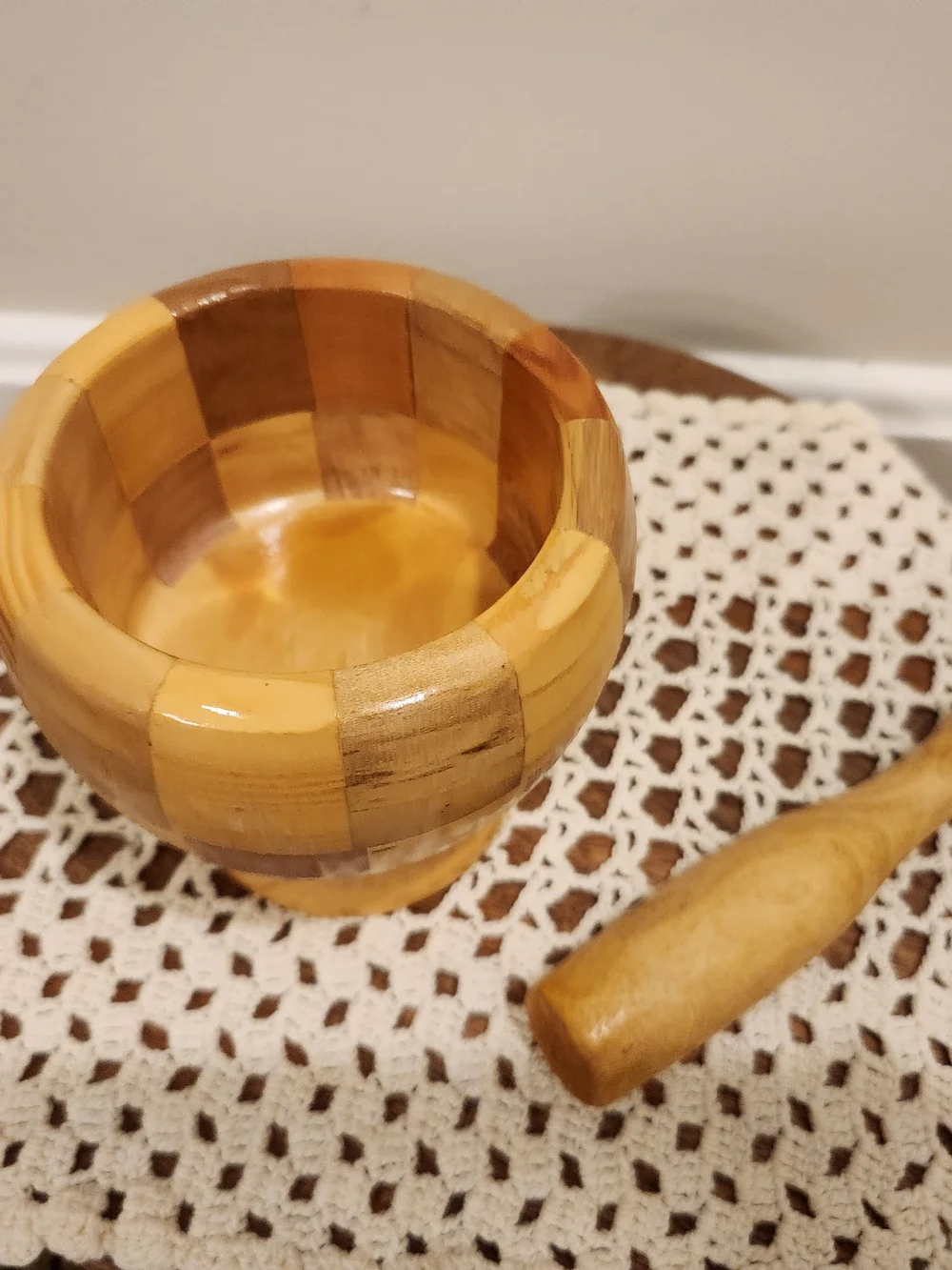 Wooden Mortar and Pestle Set With Checkerboard Pattern